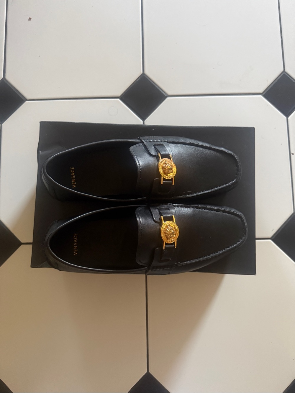 Versace Black Leather Loafers with Gold Medusa Emblem